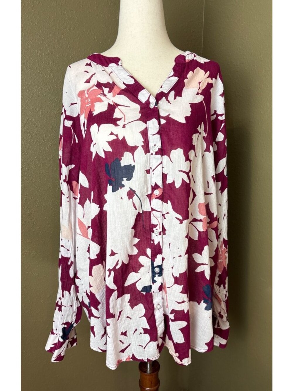Liz Claiborne Womens XXL Burgundy & White Floral Button-Down Long-Sleeve Blouse